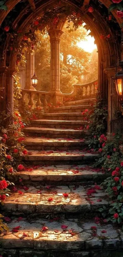 Enchanting garden staircase with roses and warm sunlight filtering through.