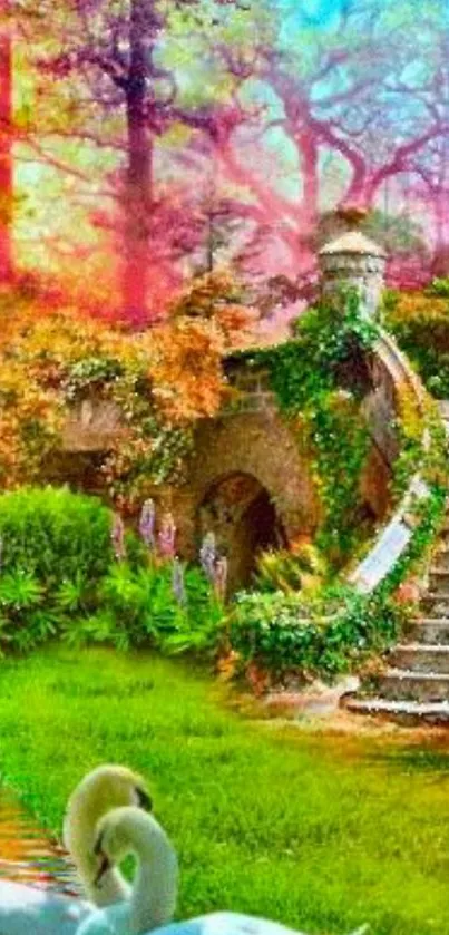 Enchanted garden with swans and vibrant foliage in a magical setting.