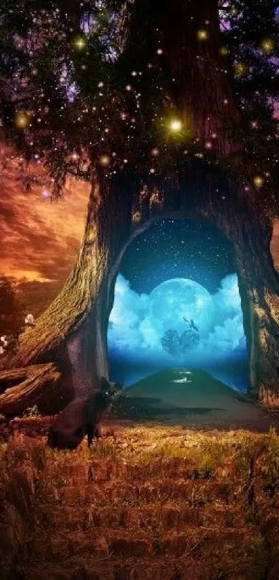 Mystical tree with glowing portal against a starry night sky, perfect for dreamers.