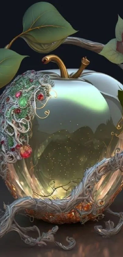 Enchanting glass apple with intricate foliage, perfect as a fantasy wallpaper.