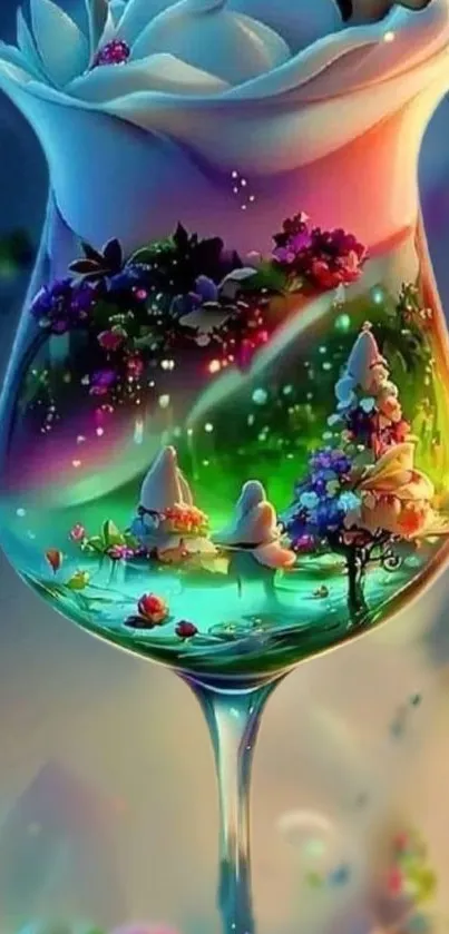 Enchanted glass with colorful fantasy scene inside.