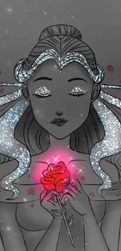 Fantasy art of a woman with glittery hair holding a glowing red rose.