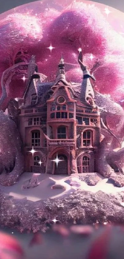 Enchanted castle surrounded by pink trees in a globe, creating a fairy tale scene.