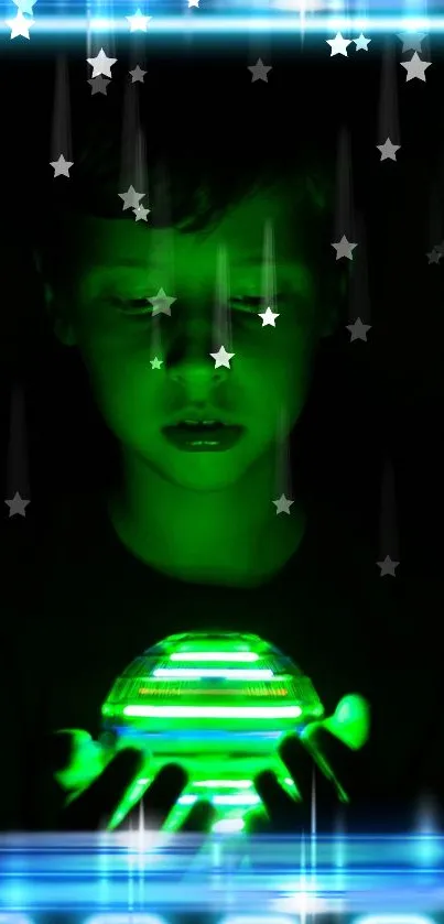 Child holding a glowing green orb under a starry night sky.