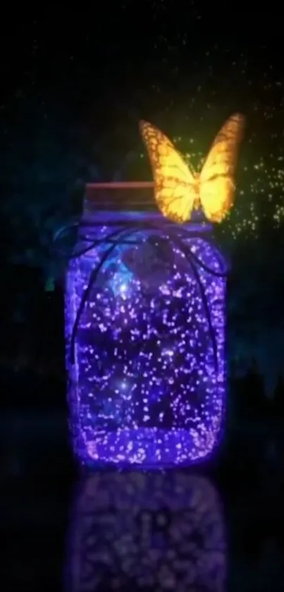 Glowing jar with yellow butterfly in purple light under a starry night.