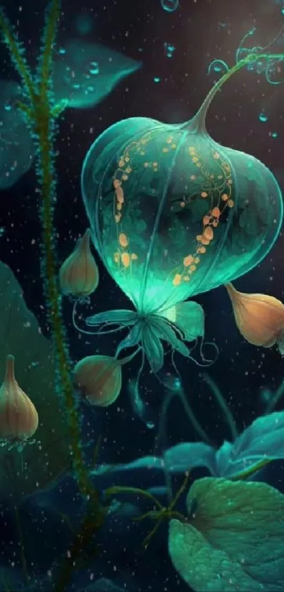 Glowing fantasy plant with turquoise hues in a mystical setting.