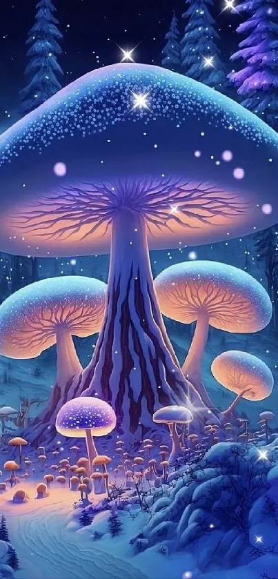 Enchanted forest with glowing mushrooms in vibrant blues and purples.