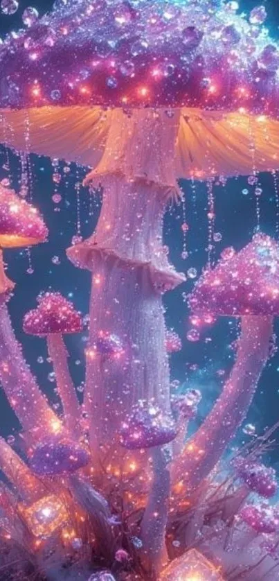 Fantasy glowing mushrooms with sparkles and purple hues in digital art style.