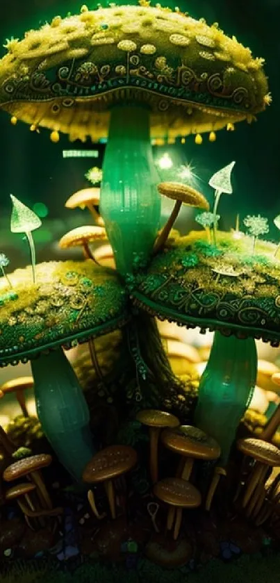 Glowing mushrooms in an enchanted forest, emitting a magical green light.