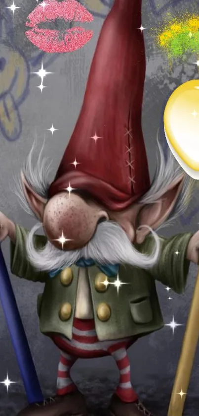 Whimsical gnome with red hat and sparkles on a mobile wallpaper.