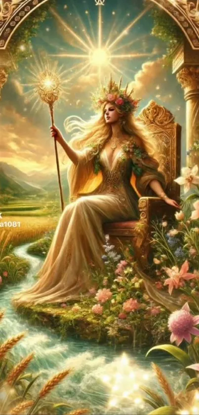 Majestic enchanted goddess on a throne in a magical golden realm.