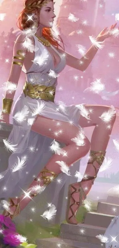 A mystical goddess with feathers in a pink-hued fantasy setting.