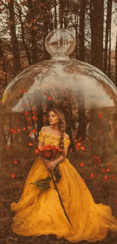 Golden dress in glass dome enveloped by a forest.