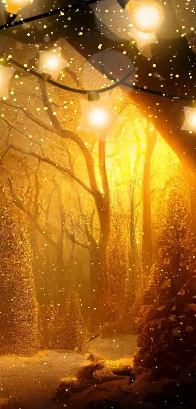 Golden forest with glowing lights and mystical ambiance.