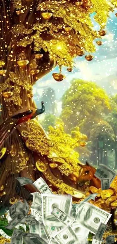 Majestic golden tree in an enchanted forest, perfect for nature-themed wallpaper.