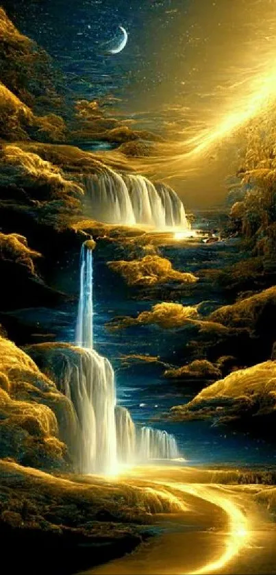 Enchanted golden waterfalls under a night sky, creating a surreal landscape.