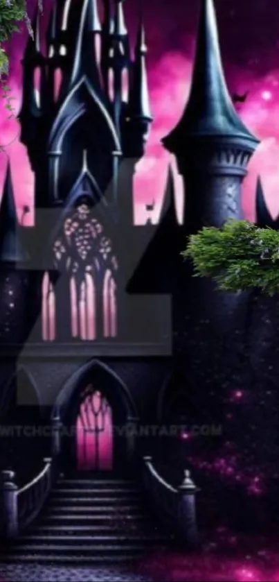 Gothic castle under purple night sky
