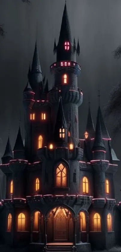 Gothic castle with glowing windows and a mystical atmosphere for mobile wallpaper.