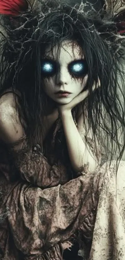 Gothic fantasy figure with glowing blue eyes.