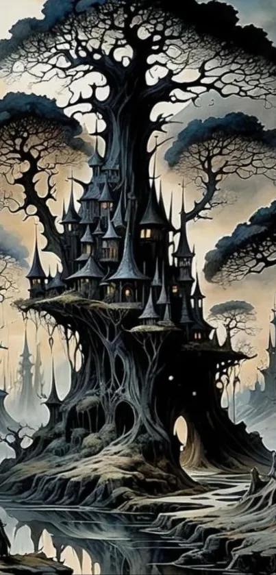 Gothic fantasy scene with tree castles and mystical forest.