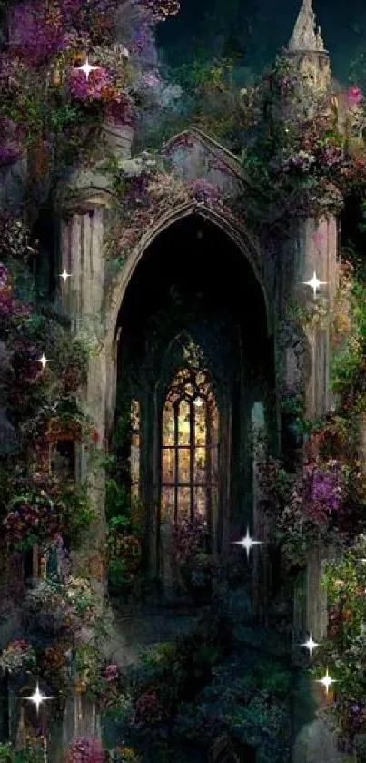 Enchanting gothic ruin overgrown with vibrant greenery and flowers.