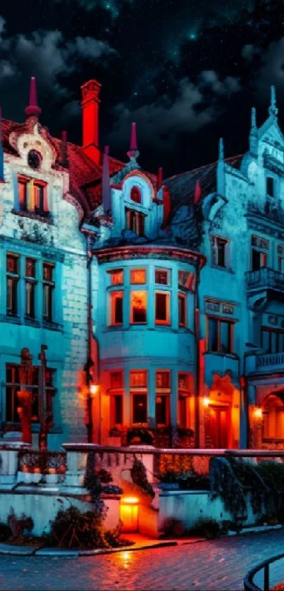 Gothic mansion illuminated at night with vibrant colors.