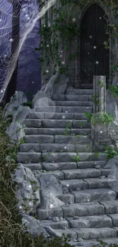 Gothic staircase with ivy in an enchanted forest scene.