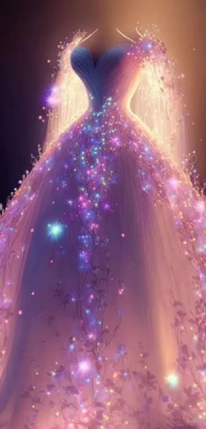 Magical gown illuminating with soft glowing lights on a fantasy wallpaper.