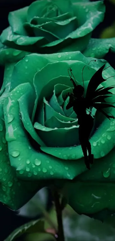 Green rose with fairy silhouette, enchanting mobile wallpaper.