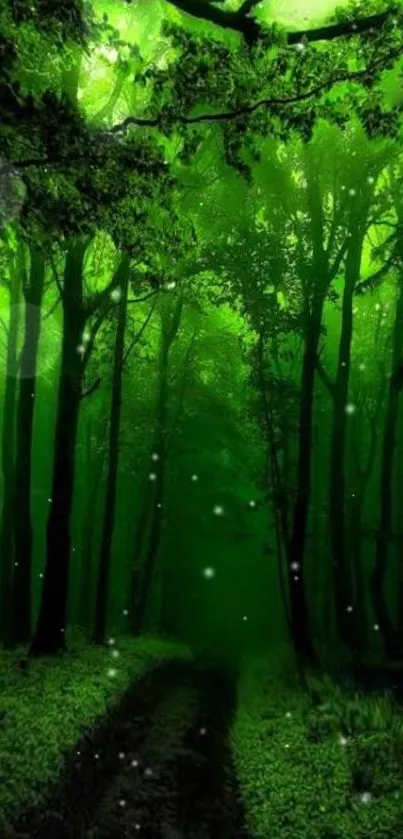 Vibrant green forest wallpaper with a serene path.