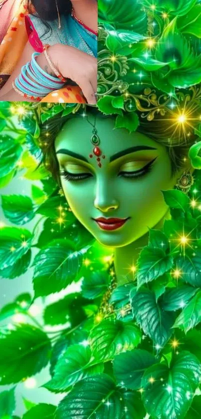 Mystical green goddess with glowing leaves.