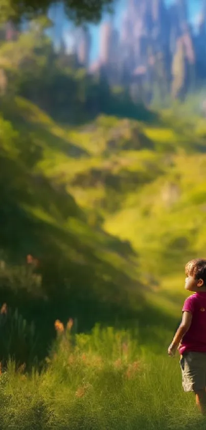 Child in an enchanted green landscape with vibrant colors.