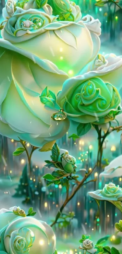 Green roses with glowing accents in an enchanted fantasy setting.