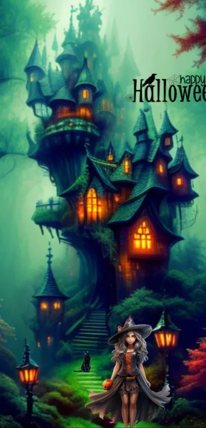 Enchanted castle at night with witch on Halloween wallpaper.