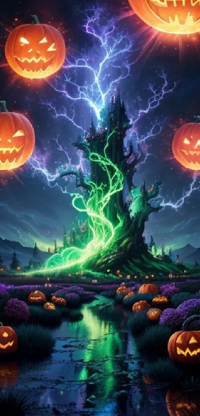 Enchanted Halloween night scene with glowing pumpkins and mystical castle.