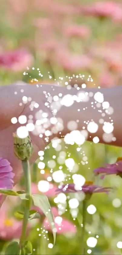 Hand reaching for flowers with magical sparkles.