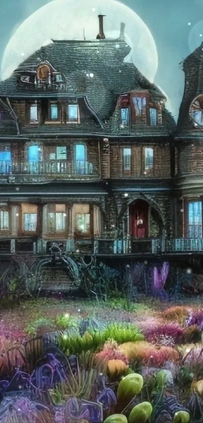 Enchanted haunted house with moonlit garden.