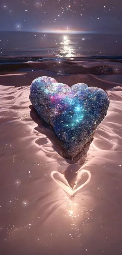 Galaxy heart glowing on a serene beach at night.