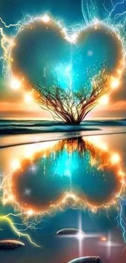 Fascinating heart-shaped tree glowing over ocean reflection.