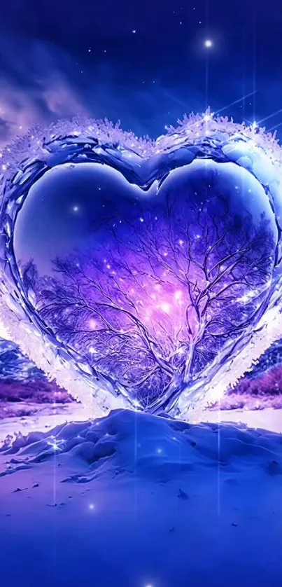 Heart-shaped ice with tree inside against a blue winter backdrop.