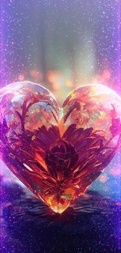 Enchanted heart glowing in a mystical, dark forest scene mobile wallpaper.