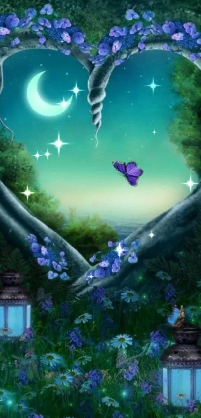 Enchanted heart-shaped forest with lanterns and a butterfly under a crescent moon.