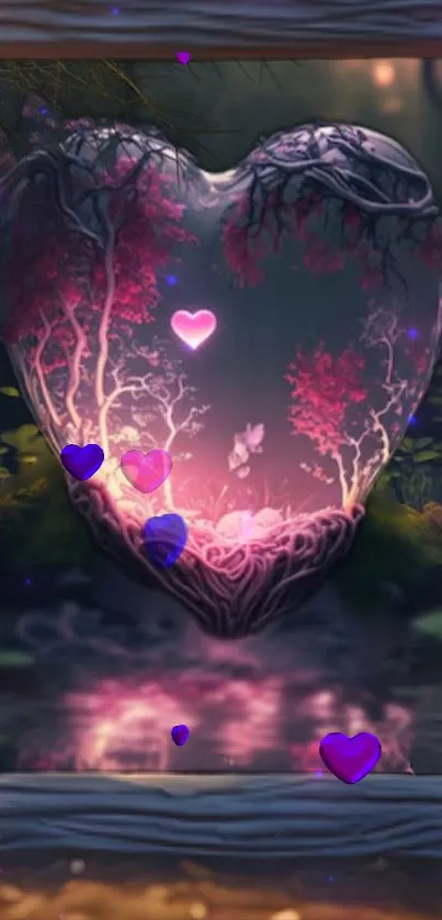 Magical heart-shaped scene with purple hues and fantasy forest elements.