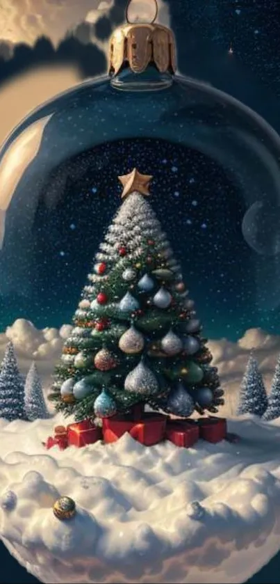 A Christmas tree encased in a snow globe under starlit skies.