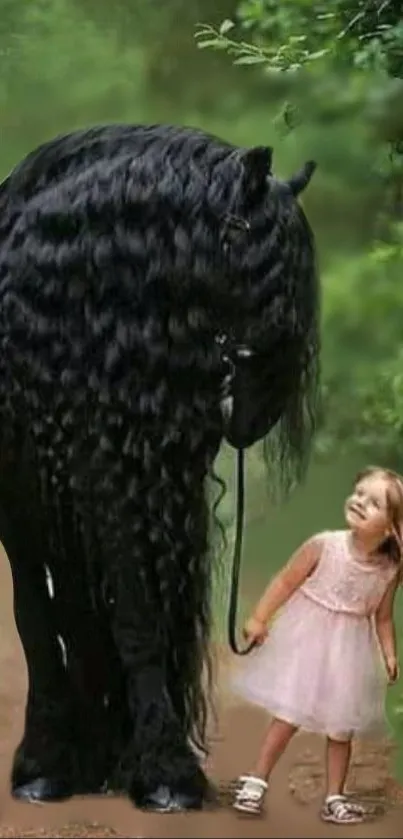 A little girl meets a majestic black horse in a forest.