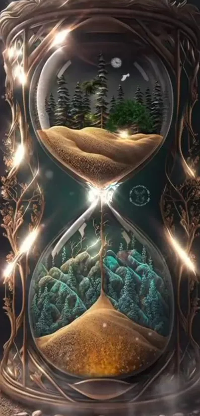 Magical hourglass wallpaper with enchanting cosmic elements.