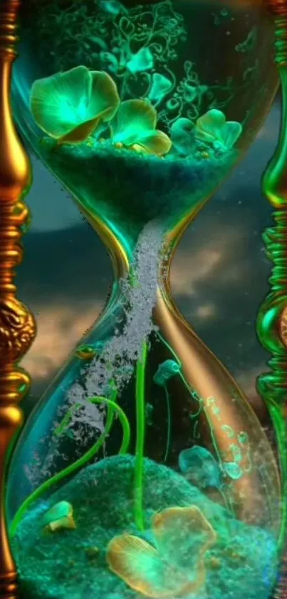 Enchanted hourglass with glowing green elements on mobile wallpaper.