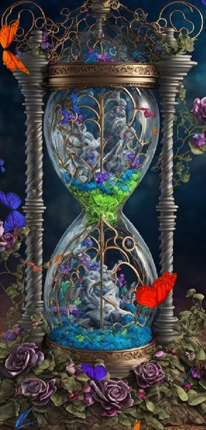 Fantasy art wallpaper with a mystical hourglass and colorful butterflies.