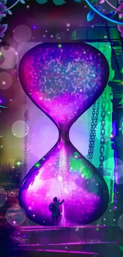 Purple hourglass in a mystical, fantasy environment with vibrant colors.