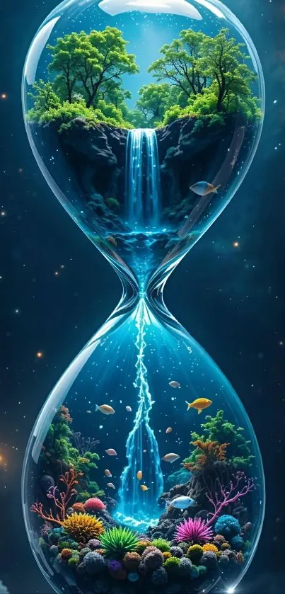 An enchanted hourglass showcasing nature with trees and waterfalls.